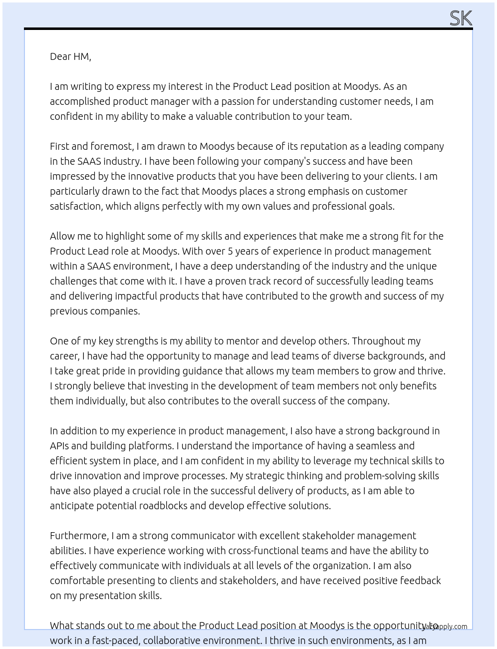 Product Lead At Moodys Cover Letter