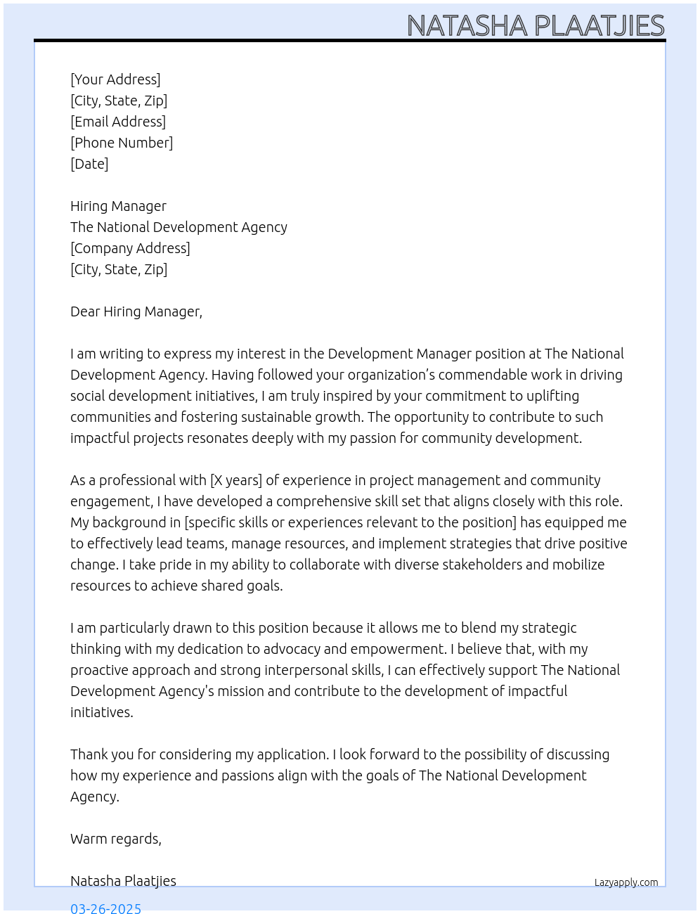 Development Manager At The National Development Agency Cover Letter