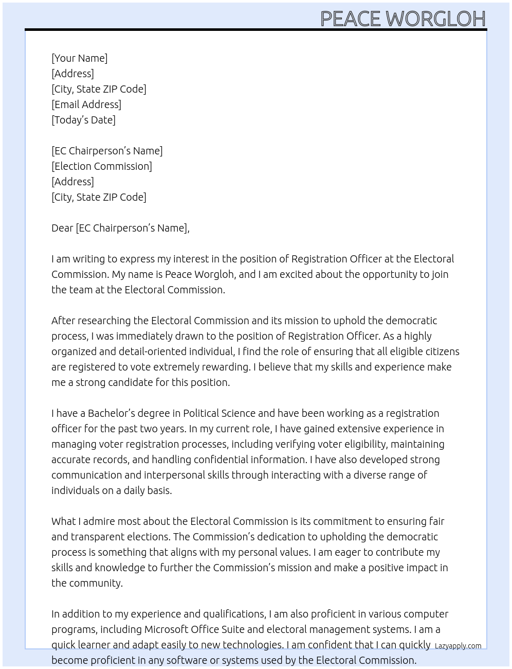 registration officer At ELECTORAL COMMISSION Cover Letter