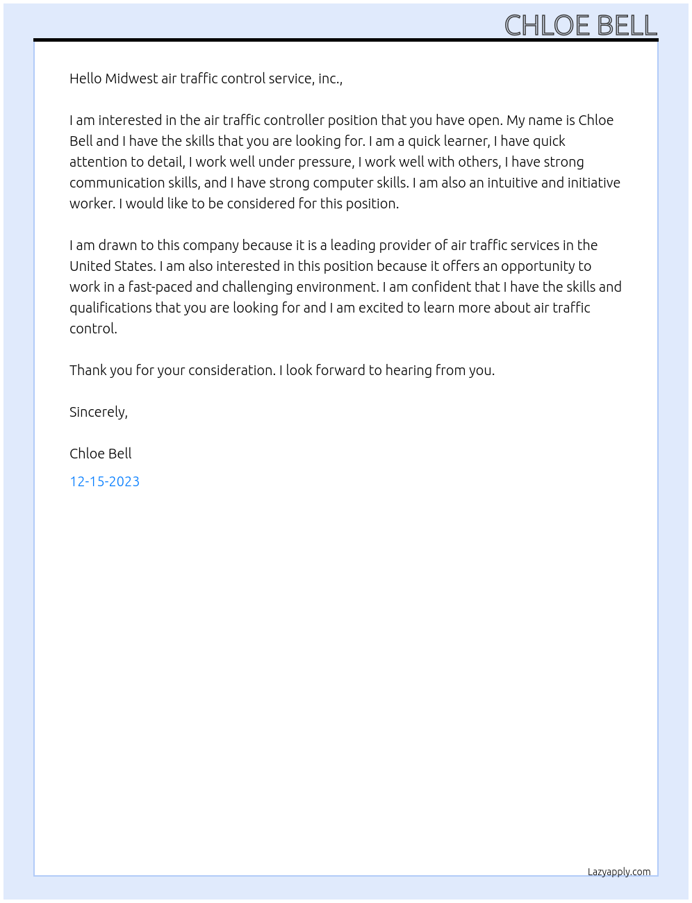 Air traffic controller At Midwest air traffic control service, inc. Cover Letter