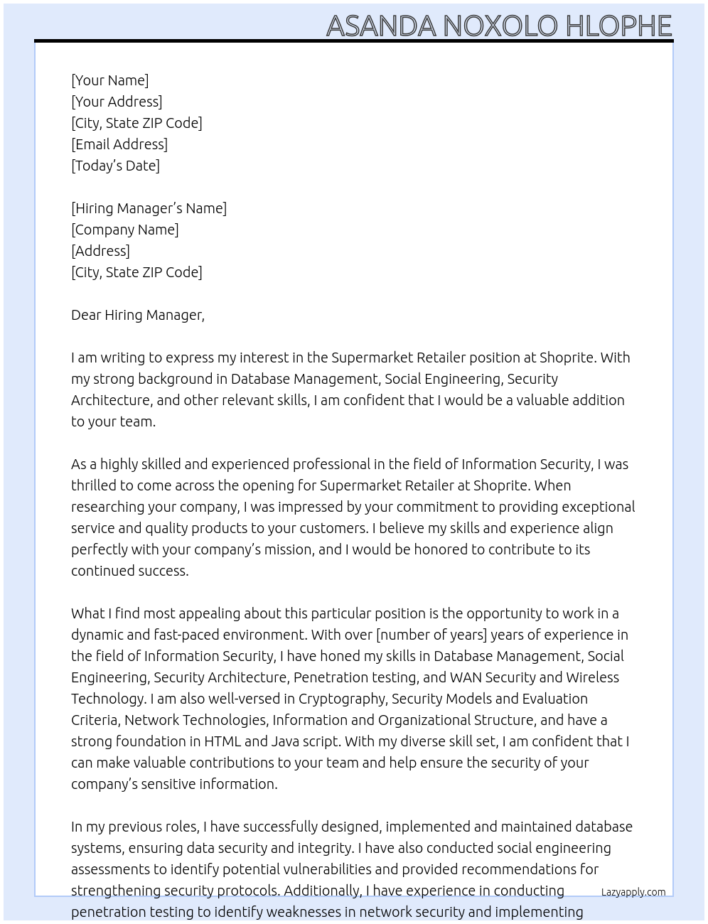 Cover letter for supermarket retailer - LazyApply
