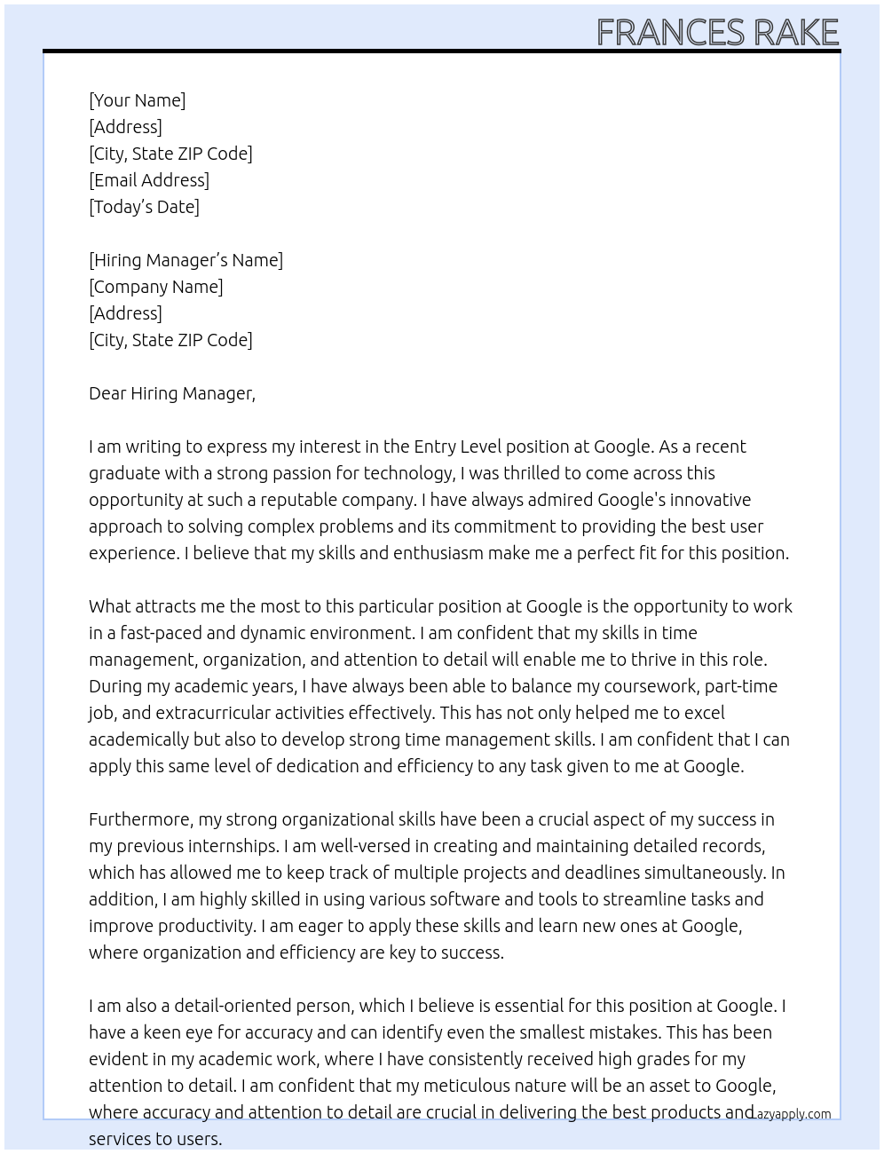 Entry Level At google Cover Letter