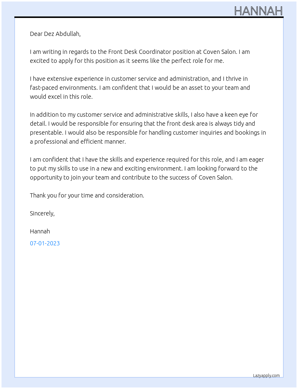Front Desk Coordinator At Coven Salon Cover Letter