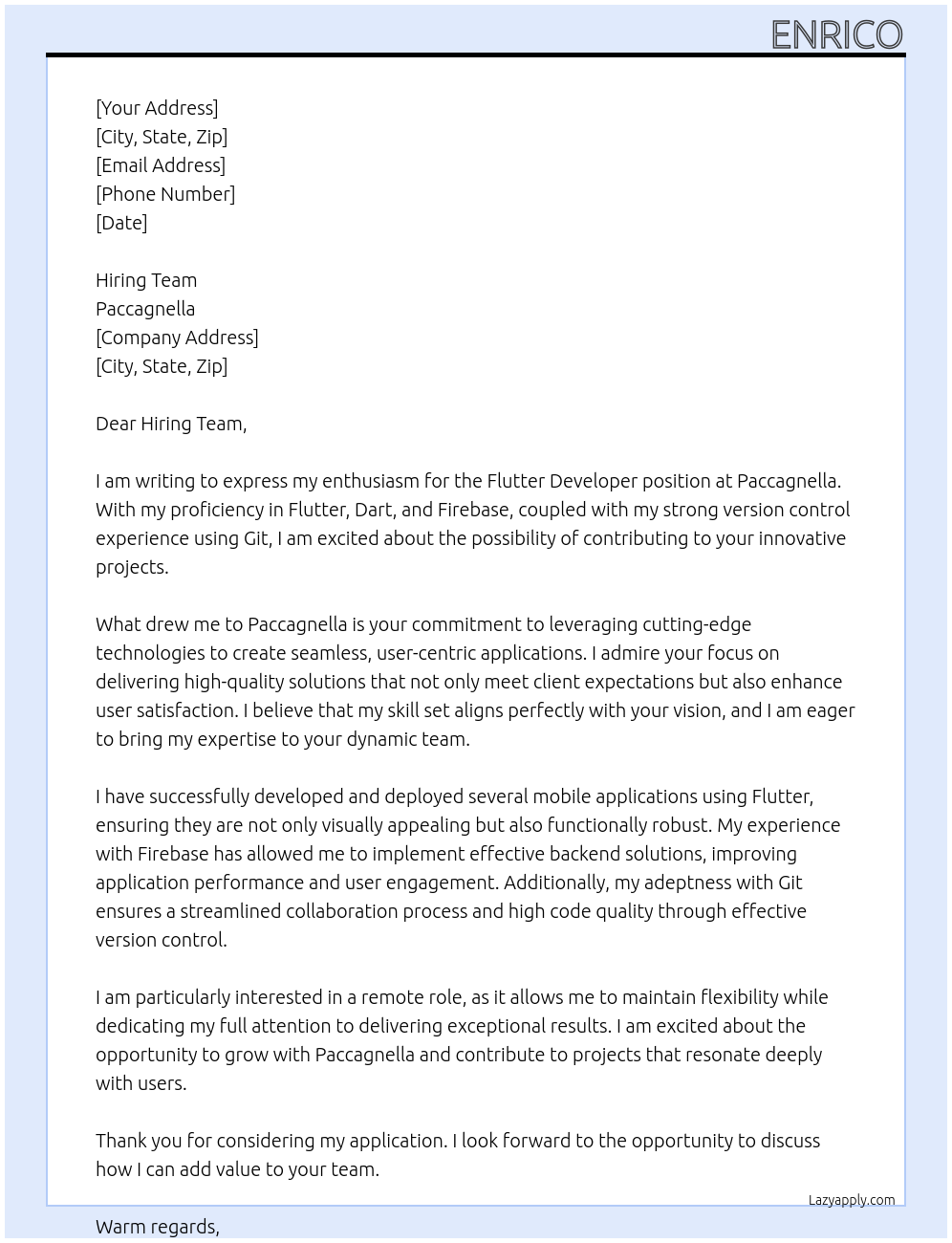 Flutter Developer At Paccagnella Cover Letter