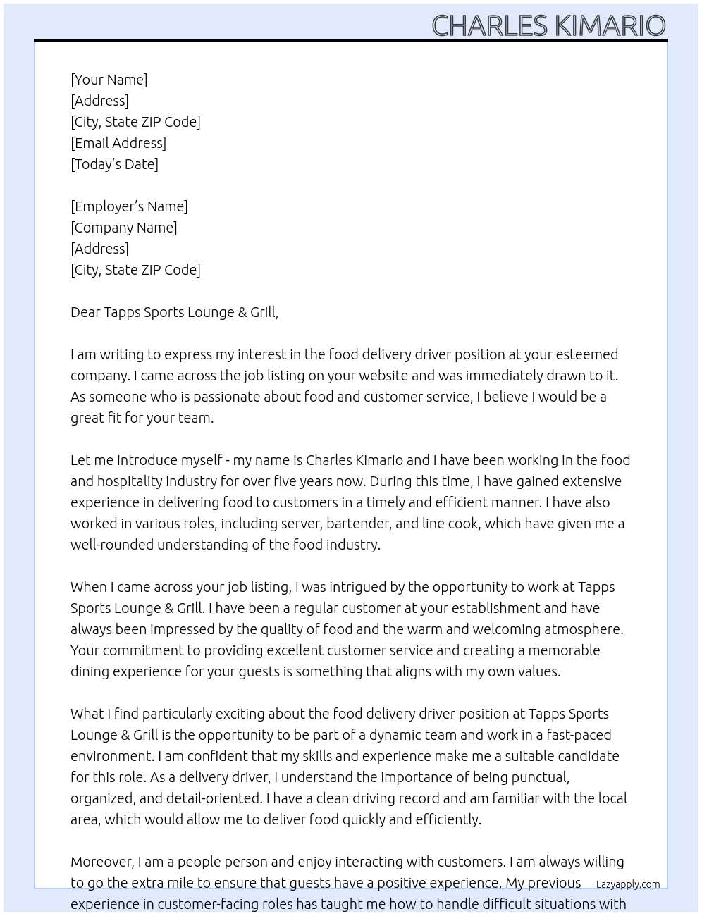 food delivery driver At Tapps Sports Lounge & Grill Cover Letter