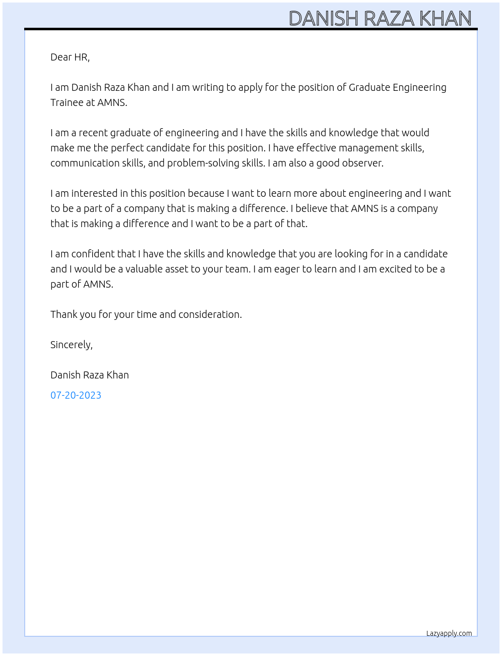 Graduate Engineering Trainee At AMNS Cover Letter