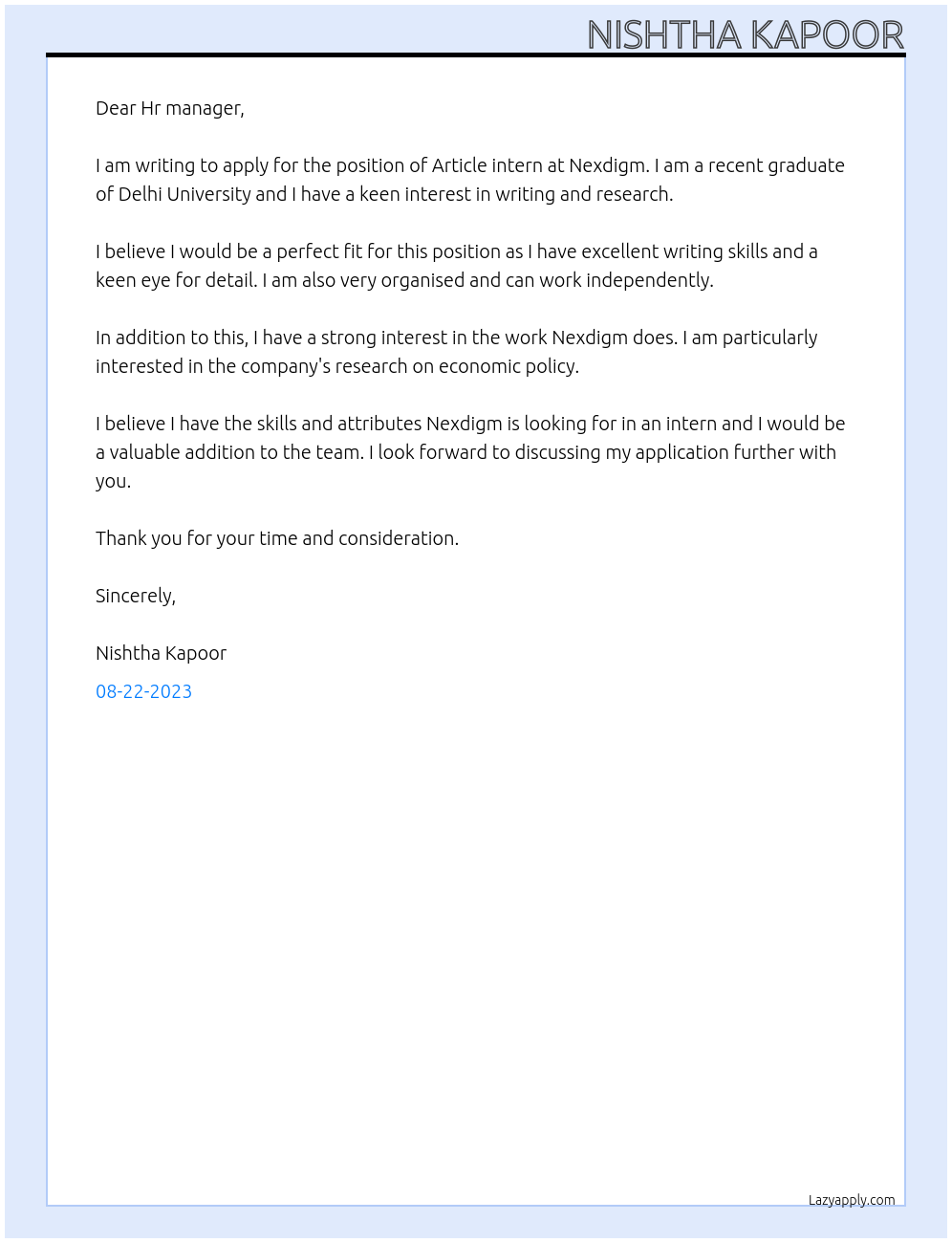Article intern At Nexdigm Cover Letter