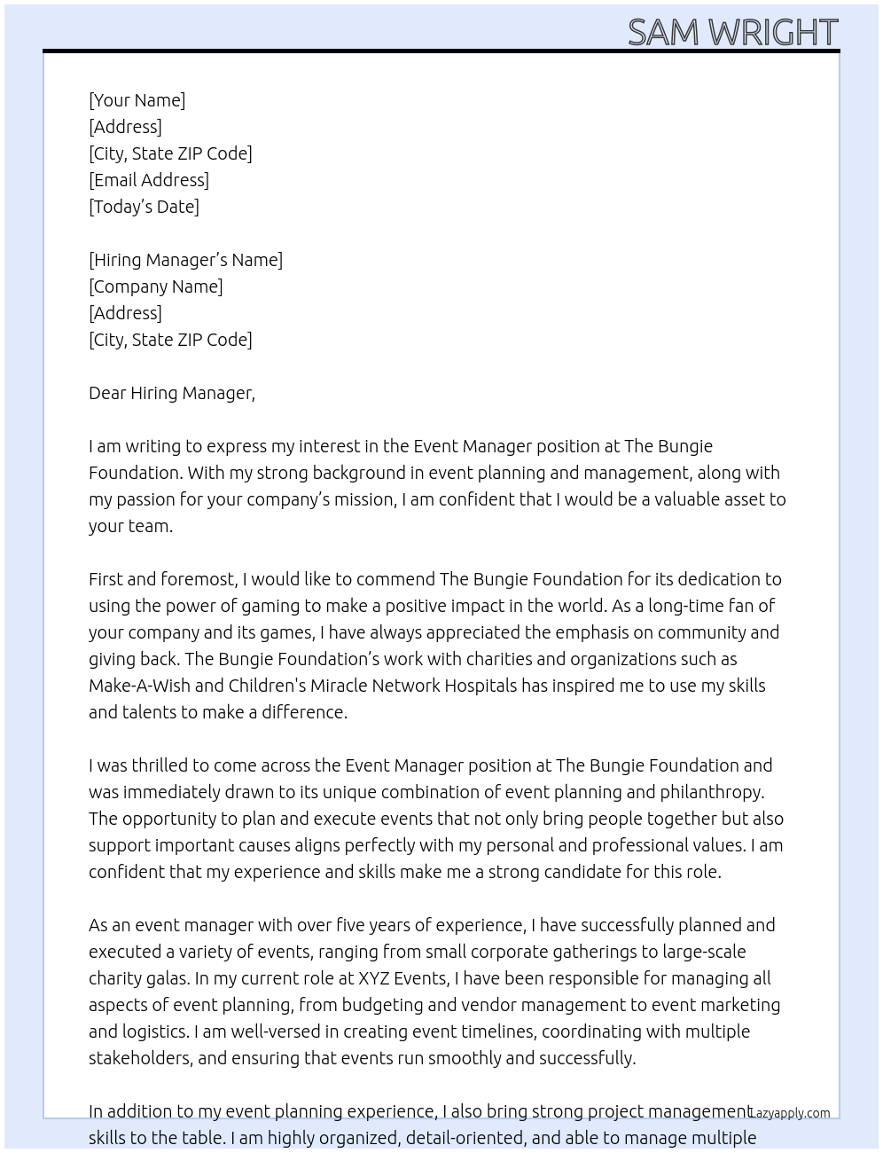 Event Manager At The Bungie Foundation Cover Letter