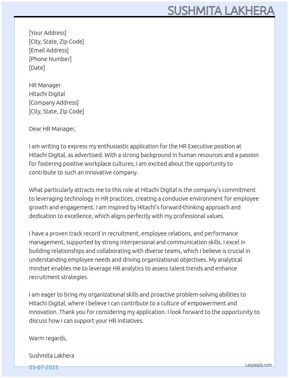 HR EXECUTIVE At Hitachi Digital Cover Letter