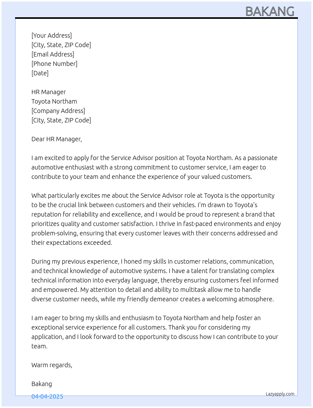 Service Advisor At Toyota Northam Cover Letter