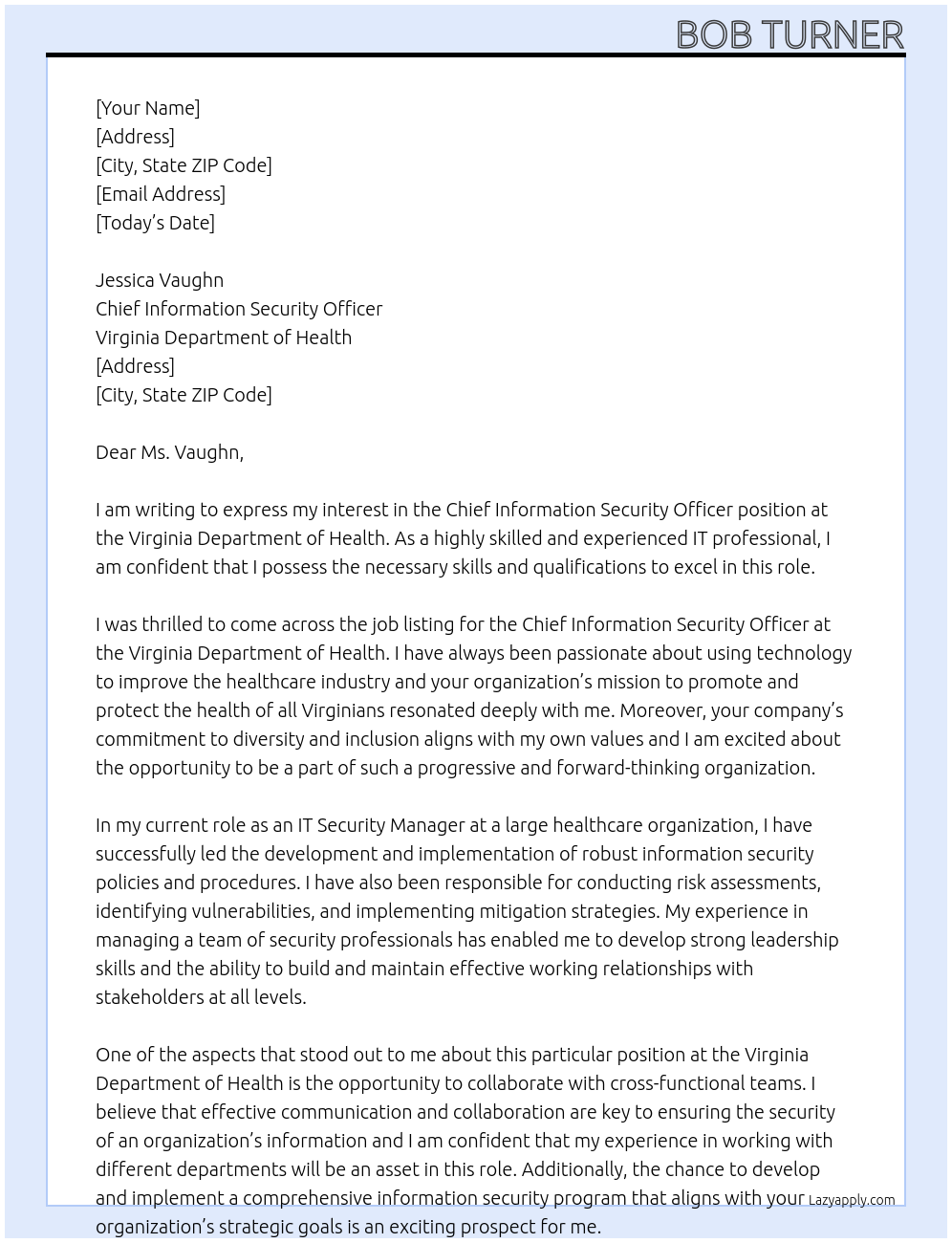 Chief Information Security Officer At Virginia Department pf Health Cover Letter