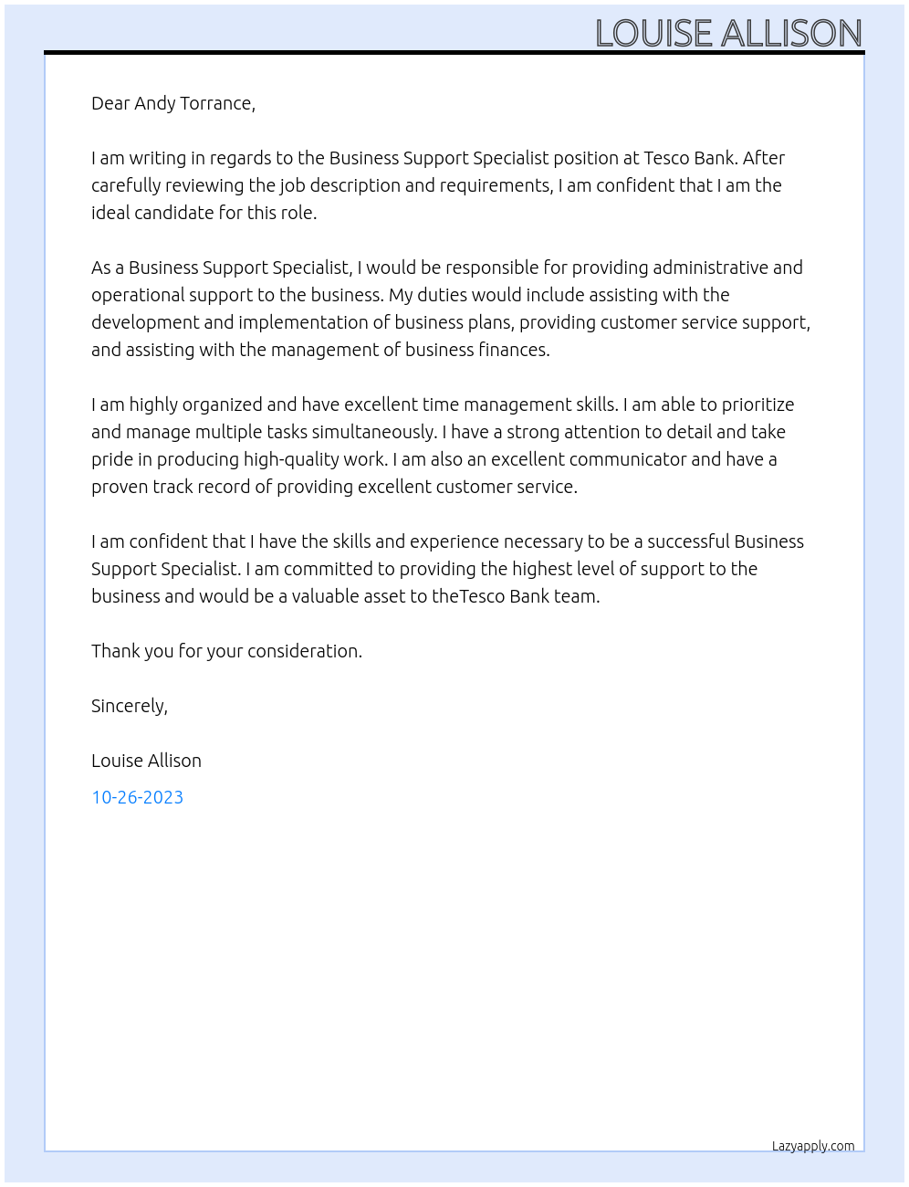 Business Support Specialist At Tesco Bank Cover Letter