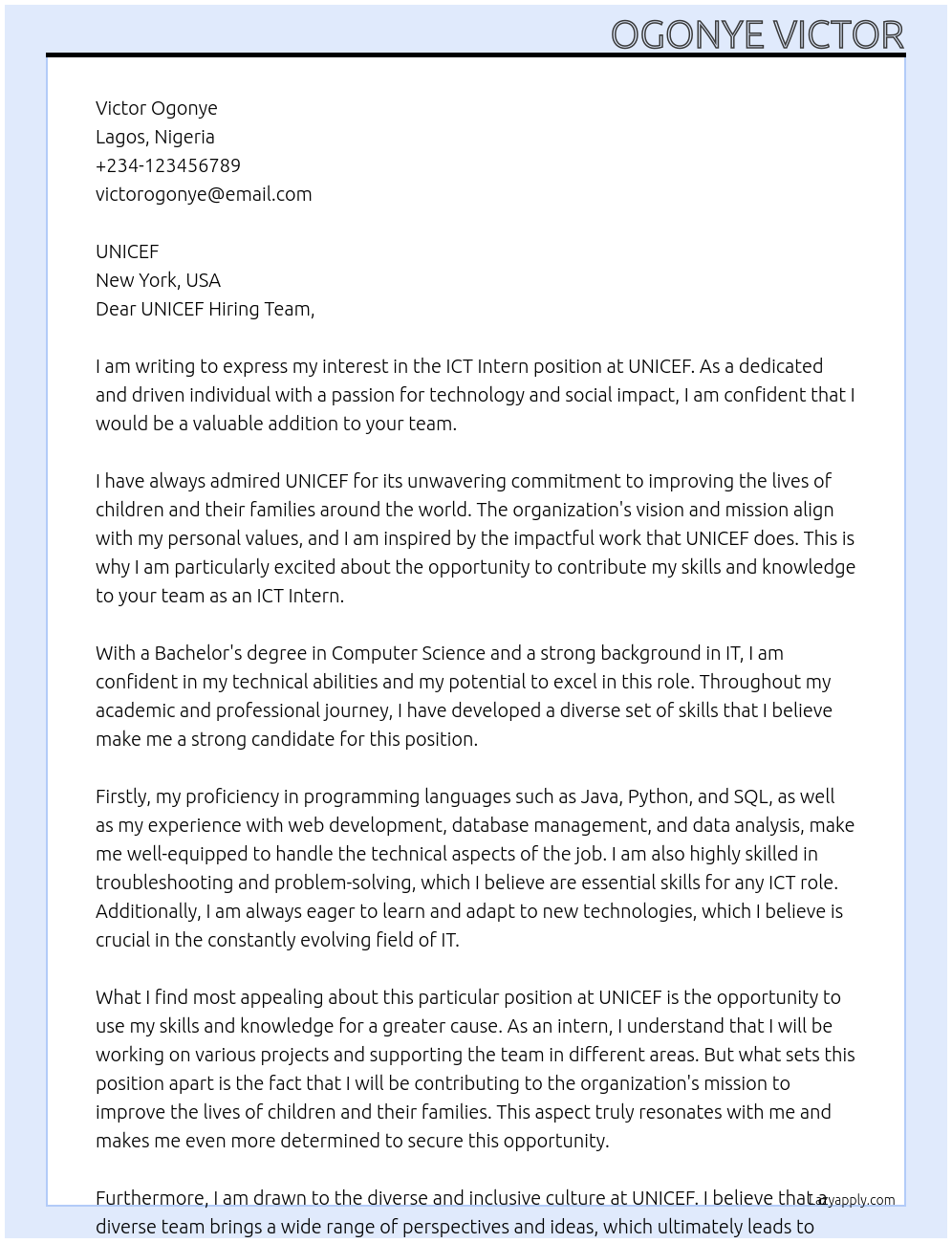 ICT Intern At UNICEF Cover Letter