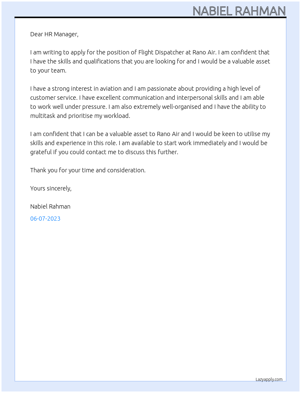 Flight Dispatcher  At Rano Air  Cover Letter