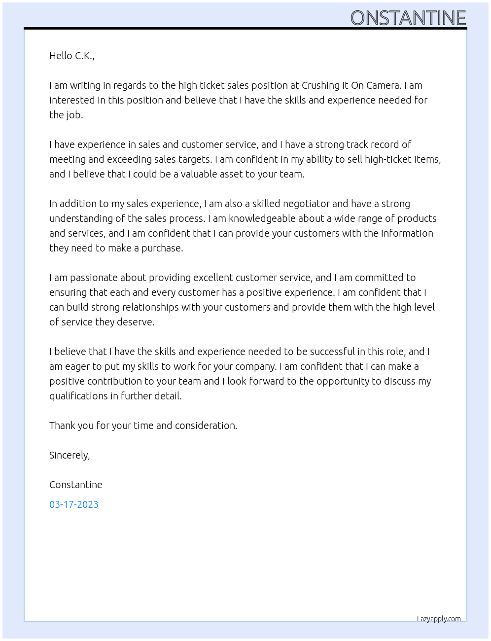 High Ticket Sales At Crushing It On Camera Cover Letter