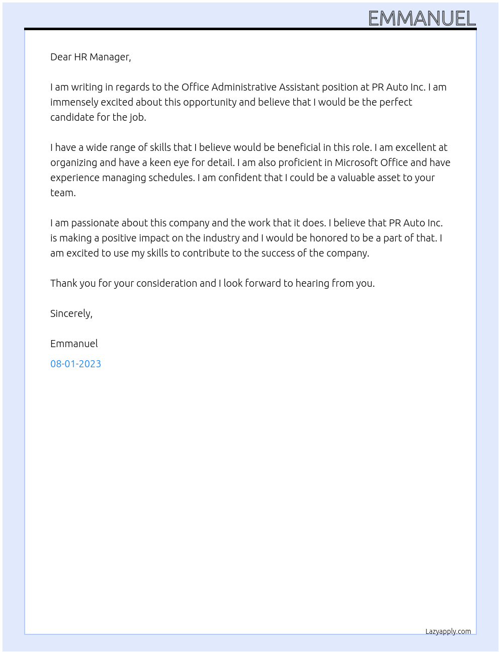 Office Administrative Assistant At PR Auto Inc. Cover Letter