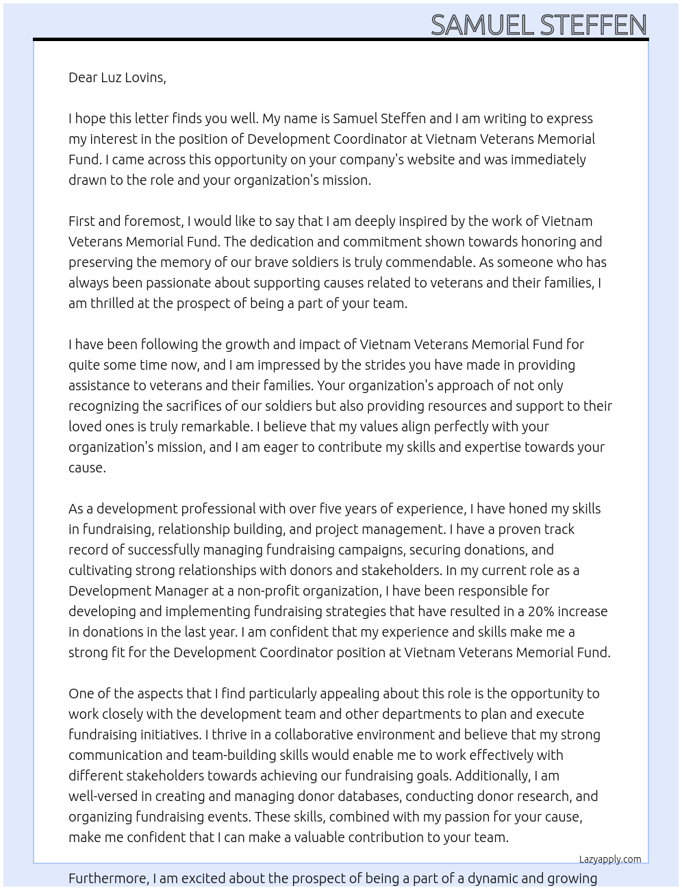Development Coordinator At Vietnam Veterans Memorial Fund Cover Letter