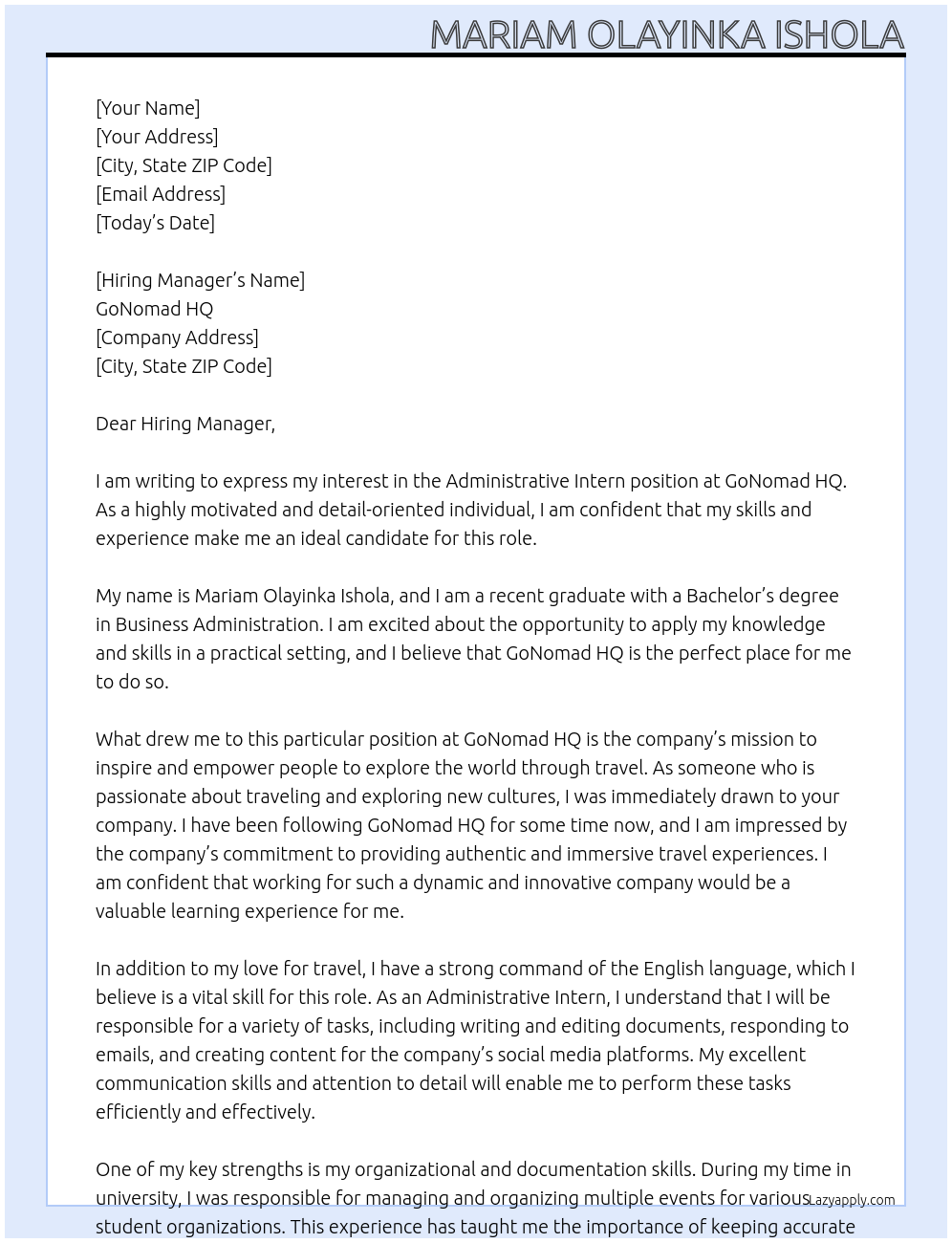 Administrative Intern At GoNomad HQ Cover Letter