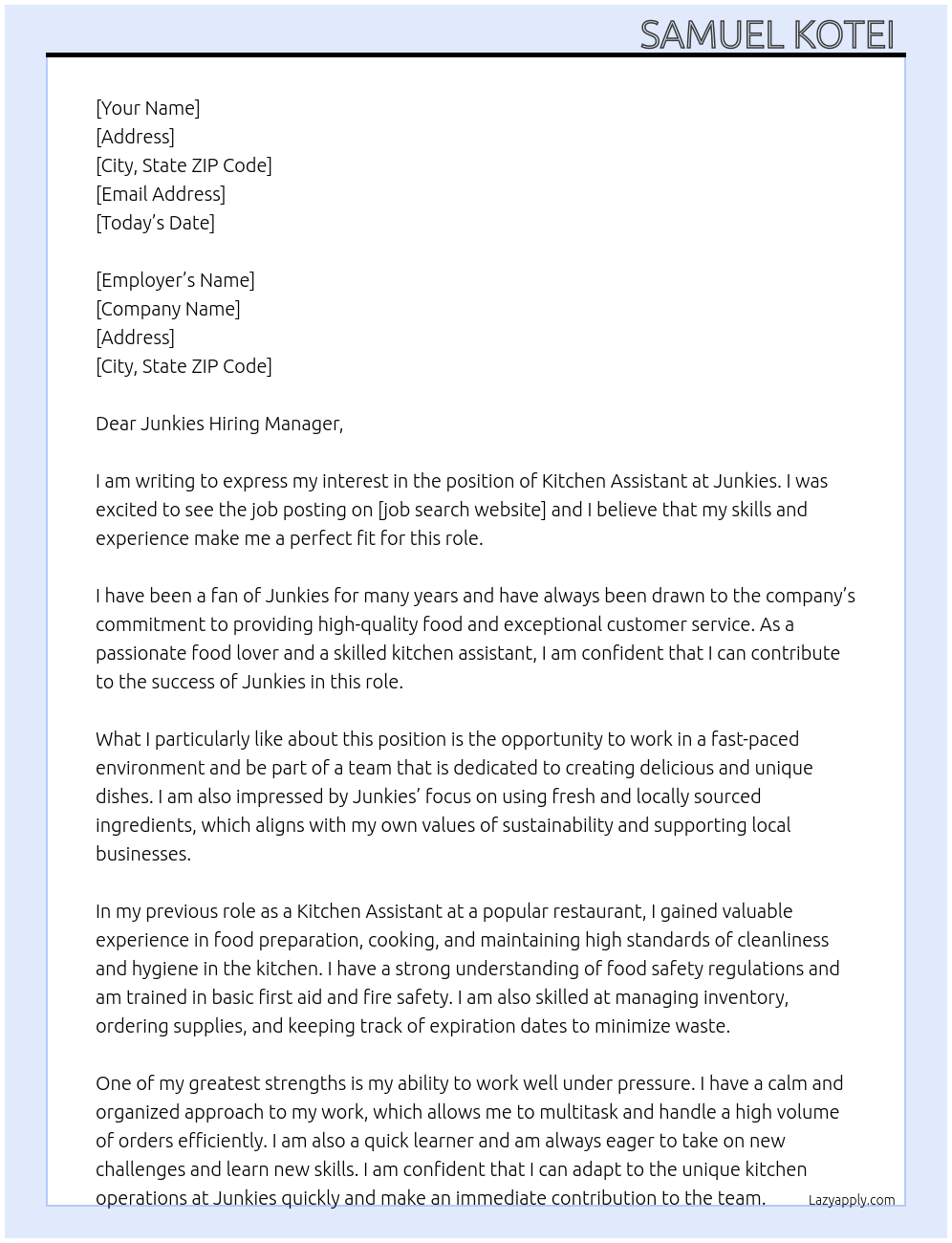 Kitchen Assistant At Junkies Cover Letter