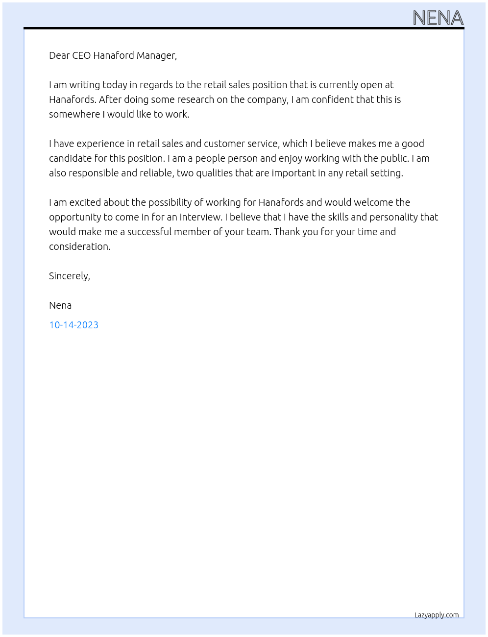 Retail sales At Hanafords Cover Letter