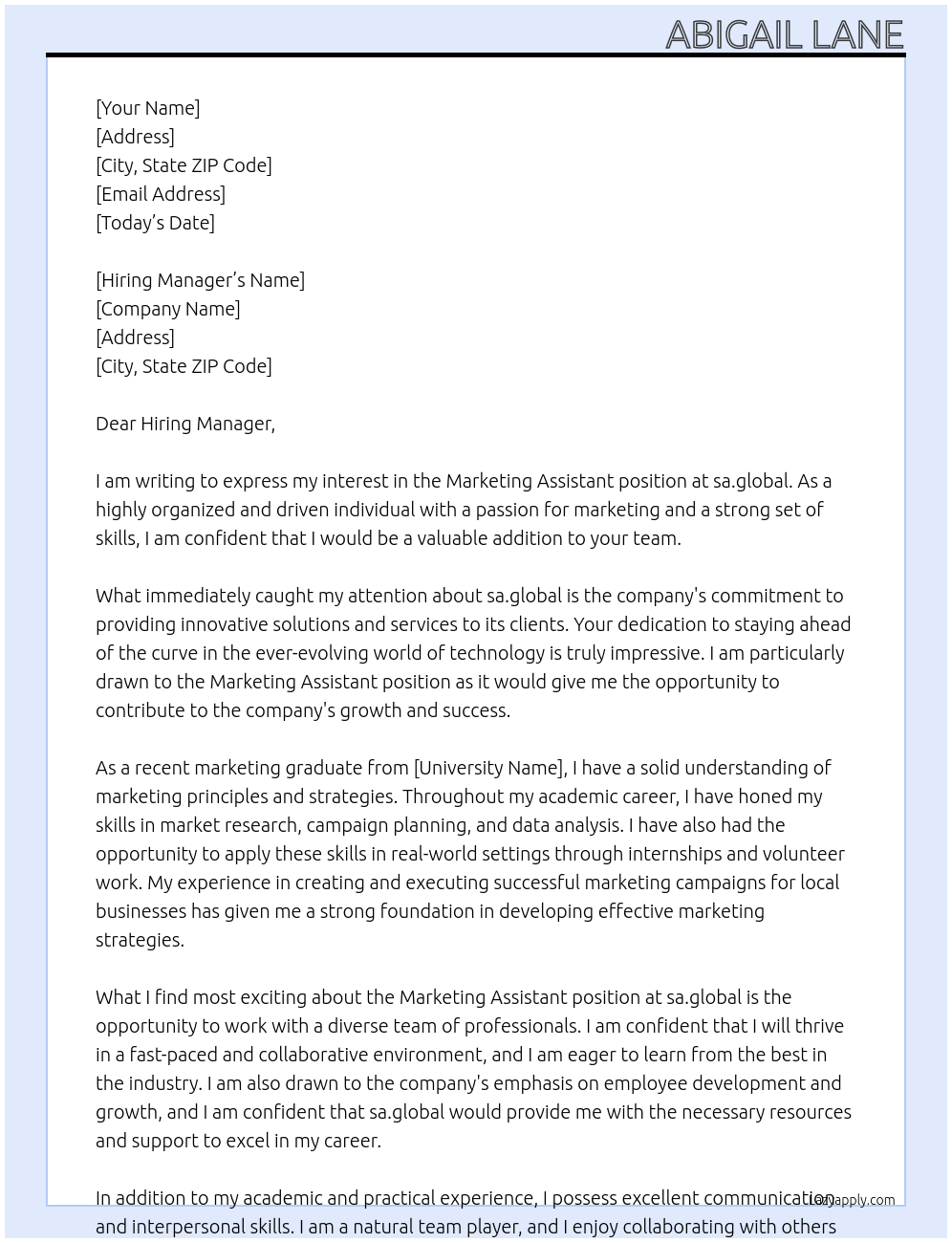 Marketing Assistant At sa.global Cover Letter