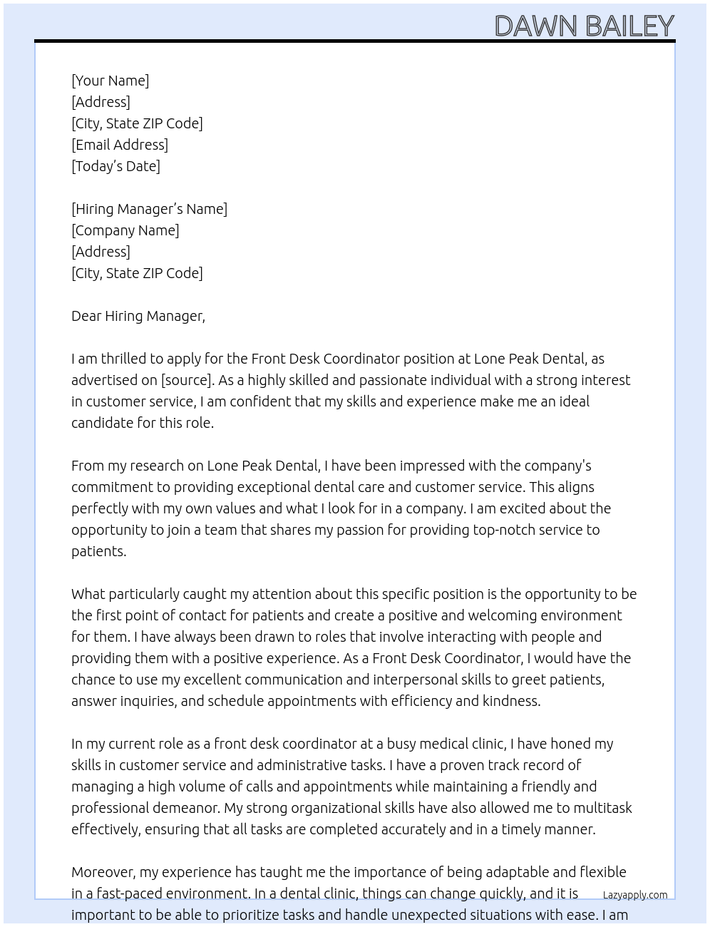 Front Desk Coordinator At Lone Peak Dental Cover Letter