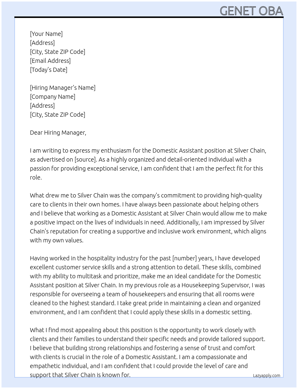 Domestic Assistant At Silver Chain Cover Letter