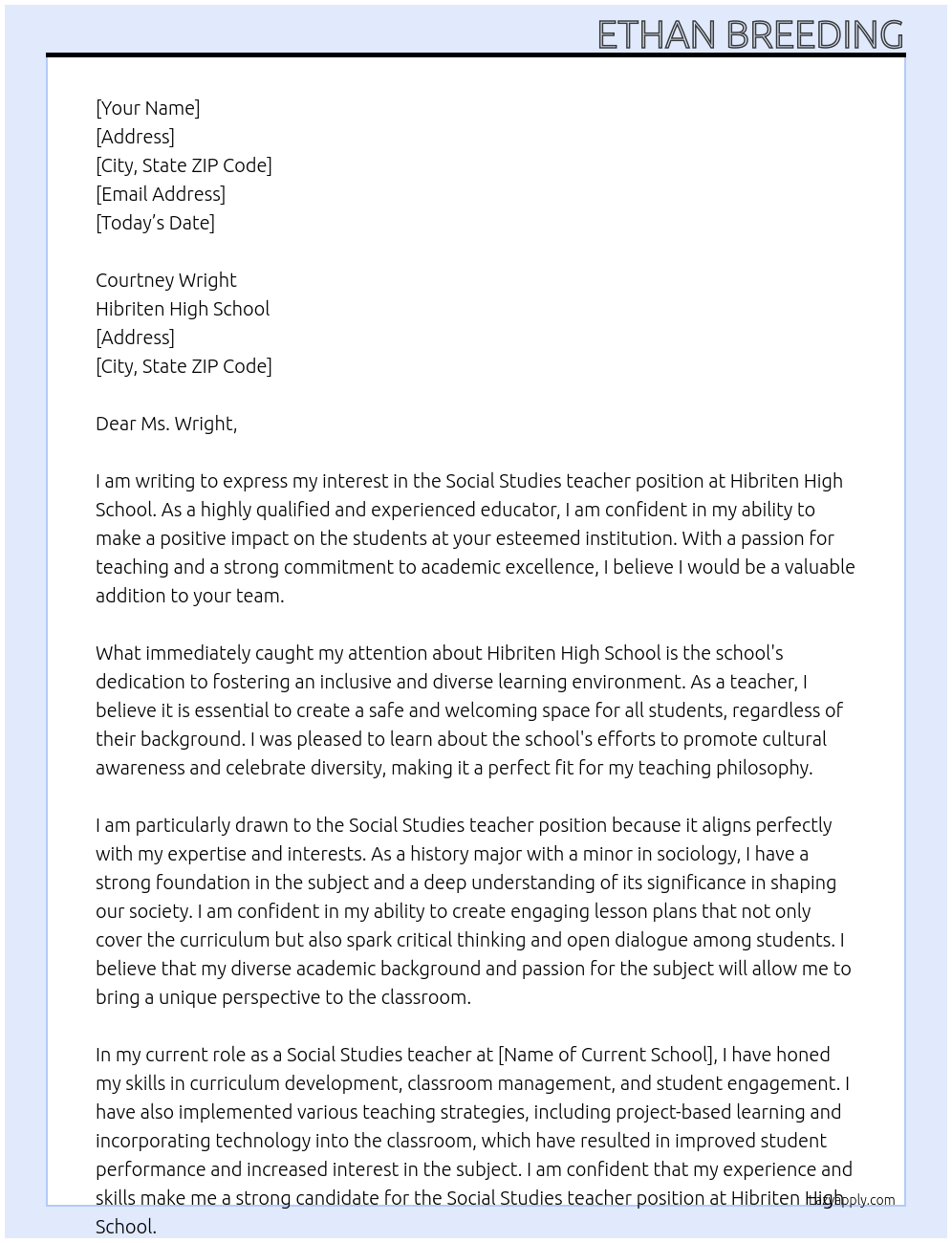 Social Studies teacher At Hibriten High School Cover Letter