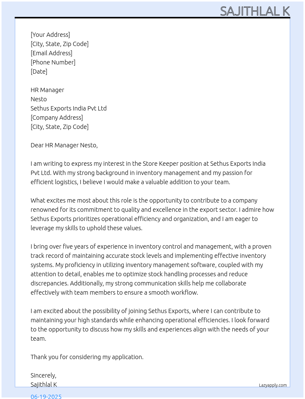 STORE KEEPER At SETHUS EXPORTS INDIA PVT LTD Cover Letter