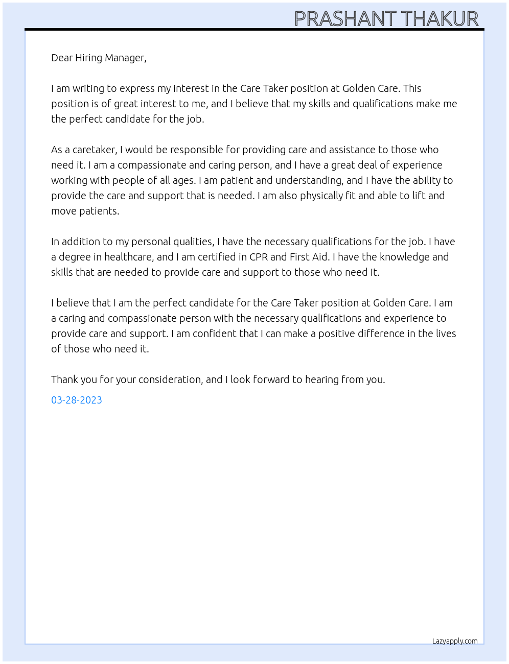 Care Taker At Golden care Cover Letter