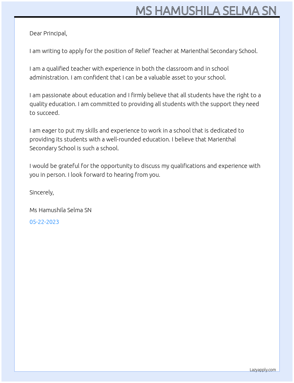 Relief Teacher  At Marienthal Secondary School  Cover Letter
