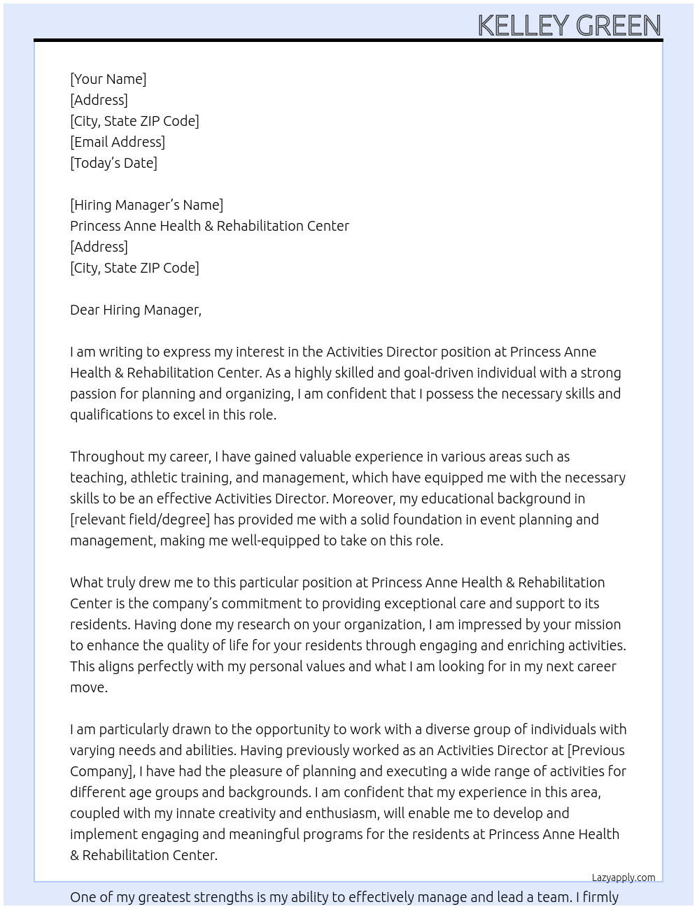 Activities Director At Princess Anne Health & Rehabilitation Center Cover Letter