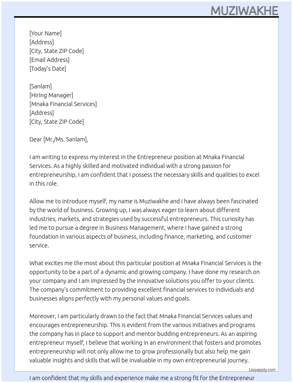Entrepreneur At Mnaka Financial Services Cover Letter