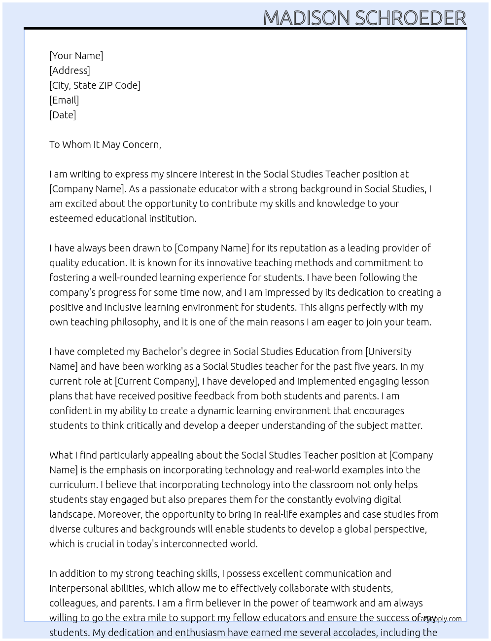 Social Studies Teacher At X Cover Letter