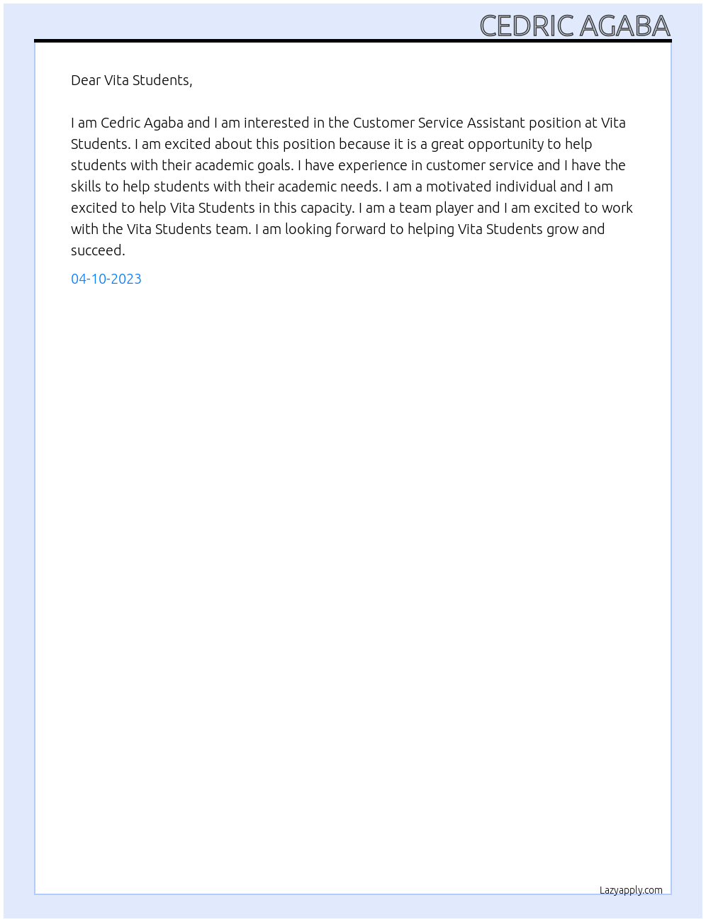 Customer Service Assistant At Vita Students Cover Letter