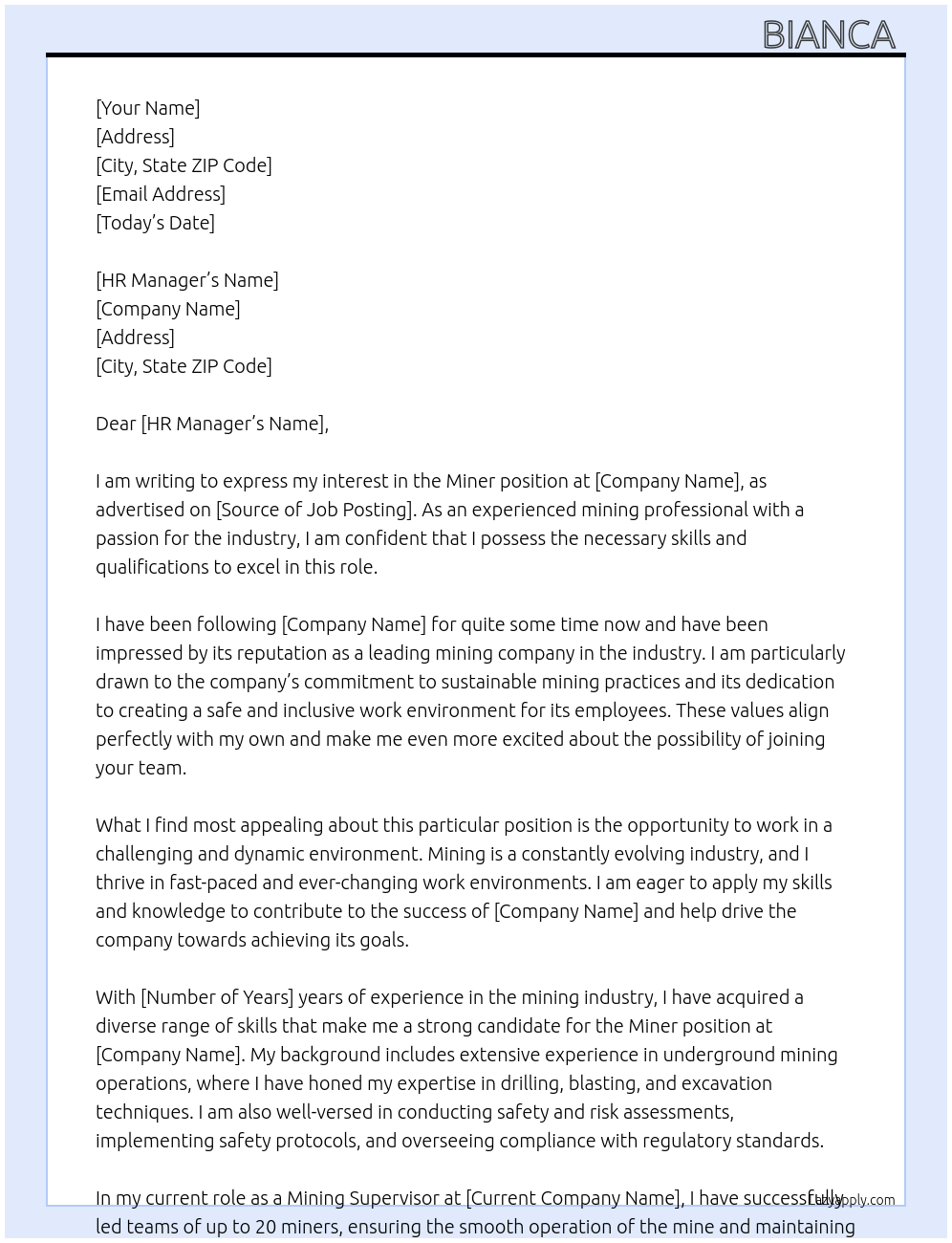 Miner At Abcddddd Cover Letter