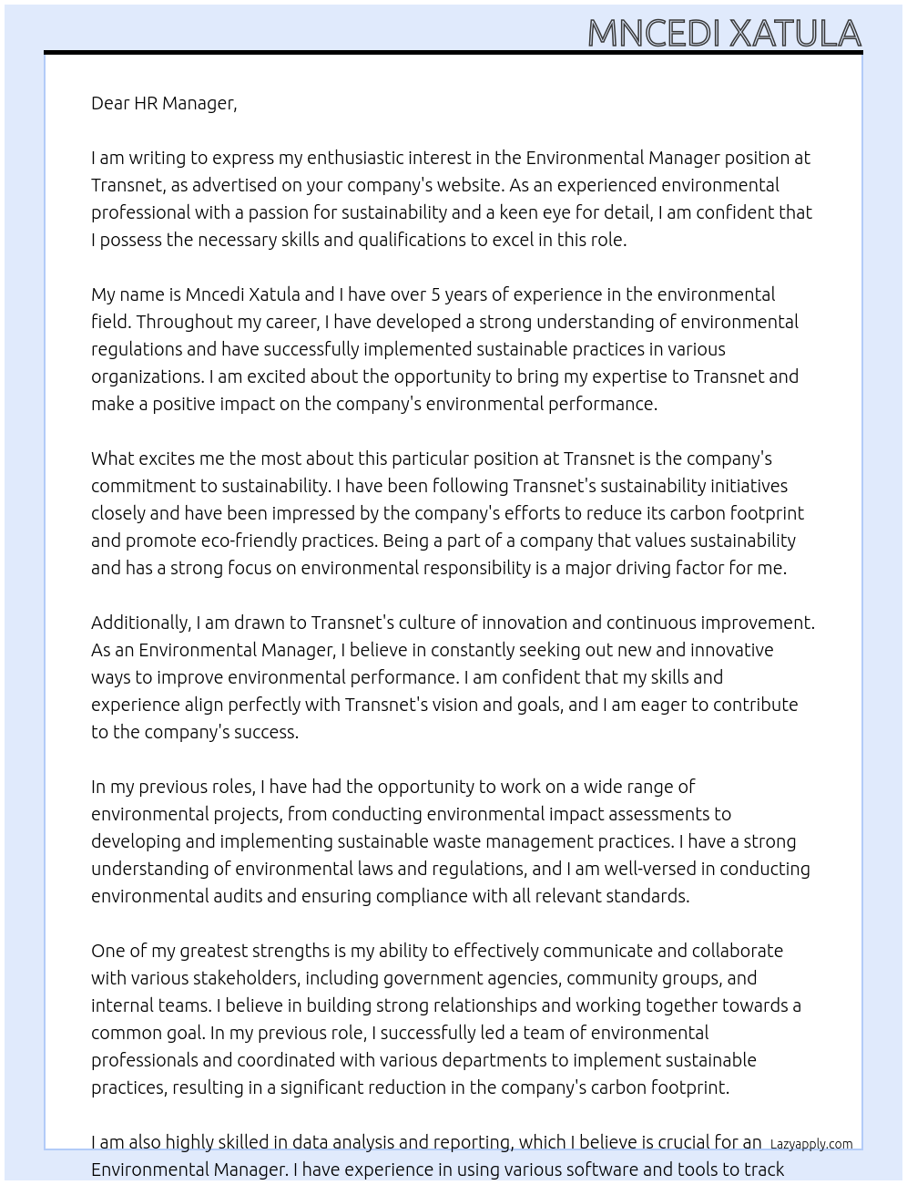 environmental Manager At Transnet Cover Letter