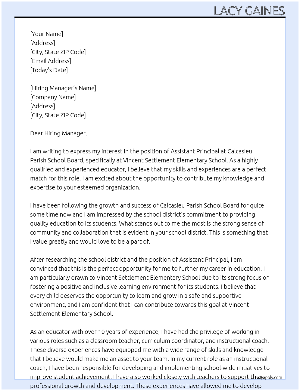 Assistant Principal At Calcasieu Parish School Board Cover Letter