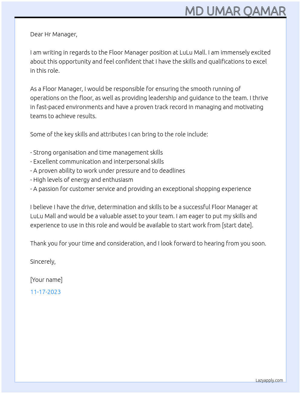 Floor Manager At LuLu Mall Cover Letter