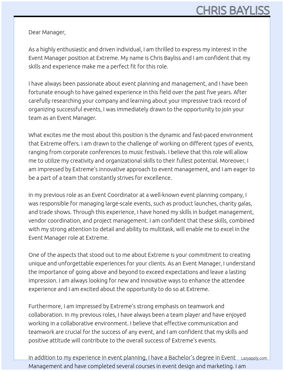 event manager At extreme Cover Letter