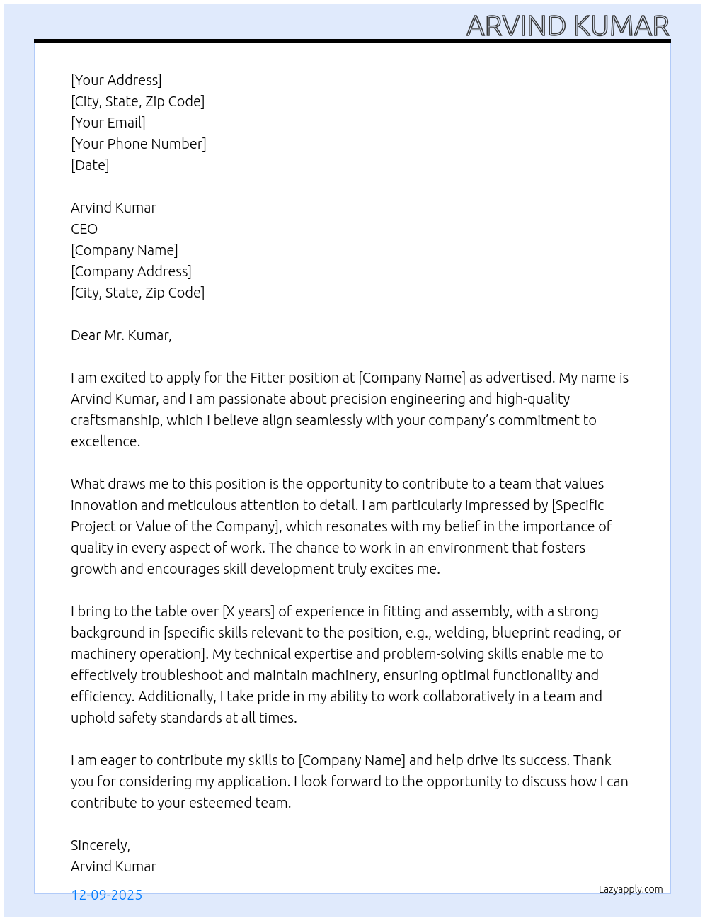 Fitter At Arvind kumar Cover Letter