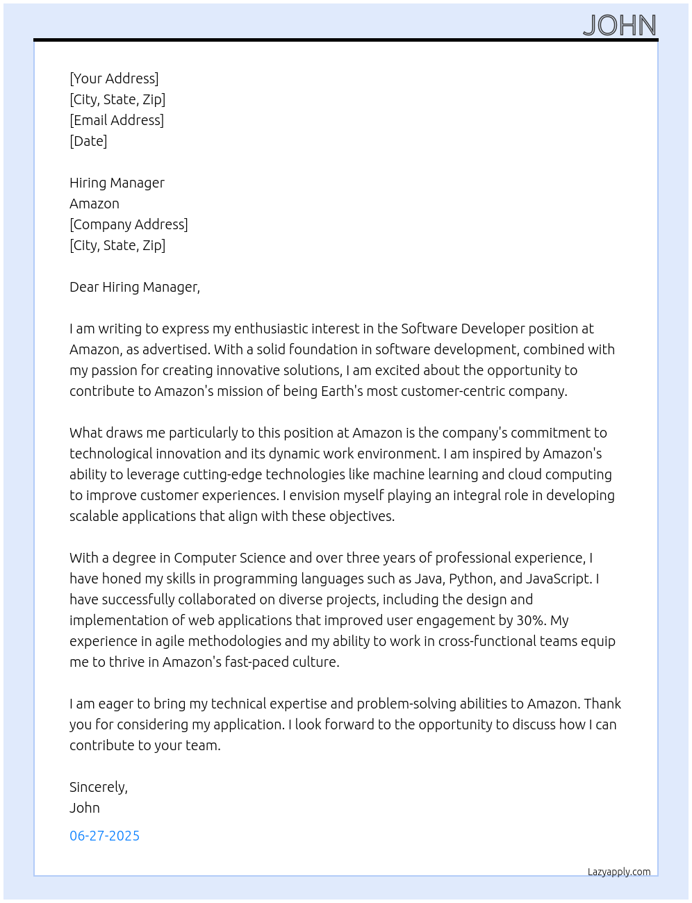 Software Developer At Amazon Cover Letter