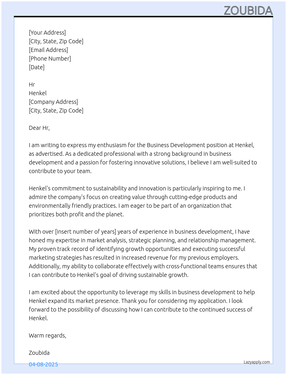 BUSSINES DEVELOPMENT At Henkel Cover Letter