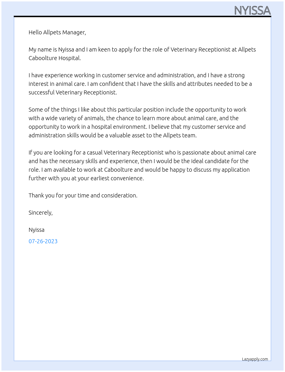 Veterinary Receptionist At Allpets Caboolture Hospital Cover Letter