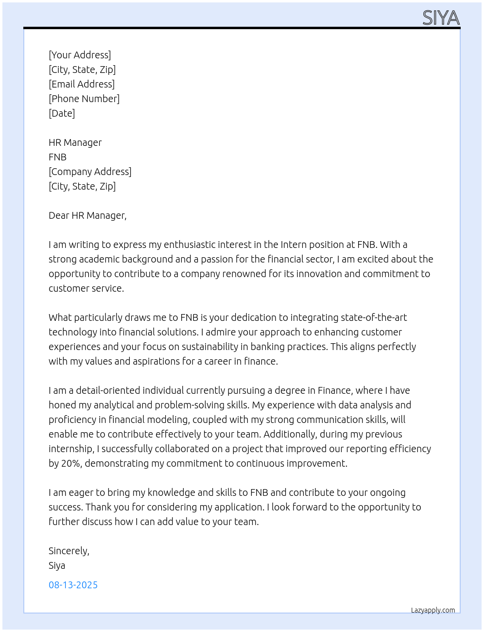 Intern At FNB Cover Letter