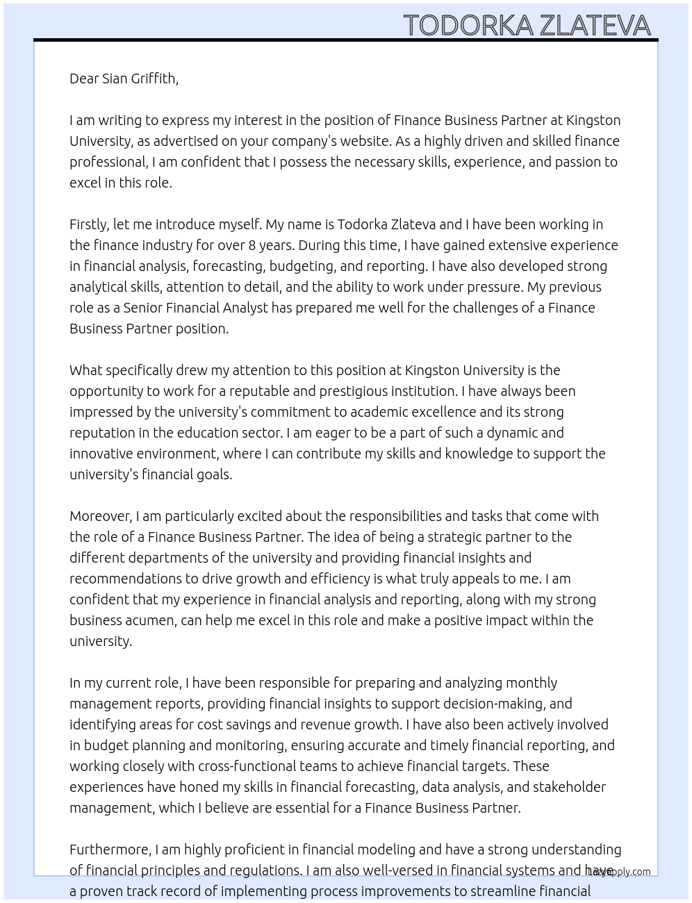 Finance Business Partner  At Kingston University Cover Letter