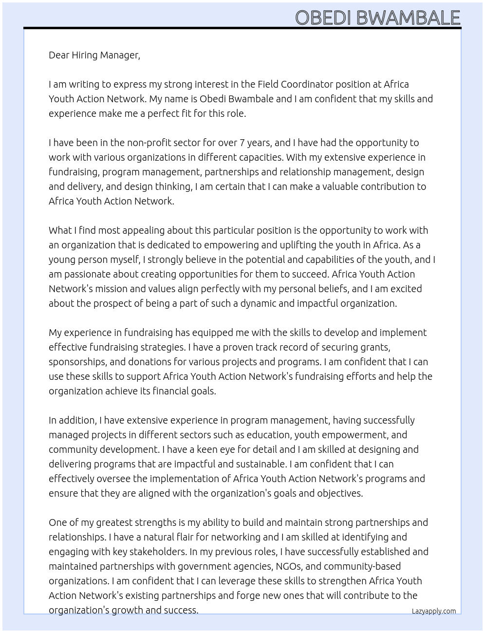 Field Coordinator At Africa Youth Action Network Cover Letter