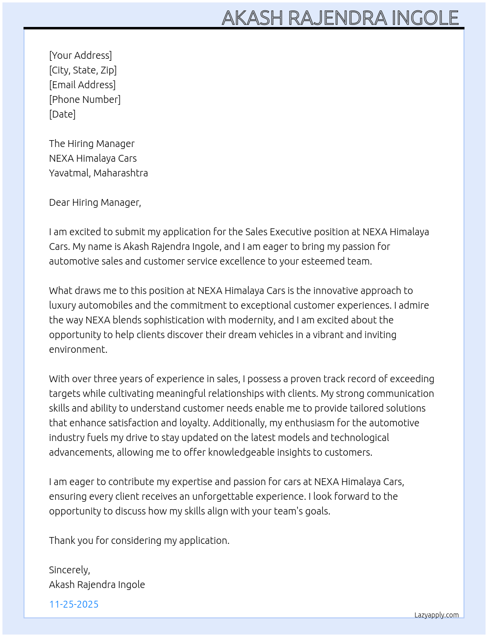 Cover letter for sales executive - LazyApply