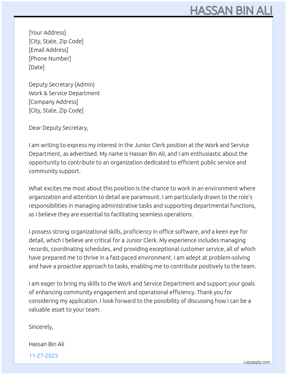 Junior Clerk At Work and Service Department Cover Letter