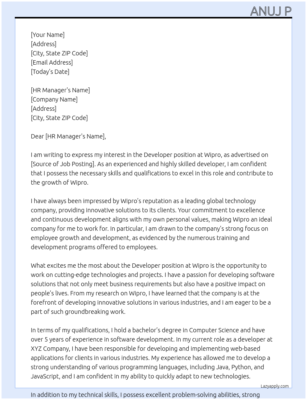 Developer At wipro Cover Letter